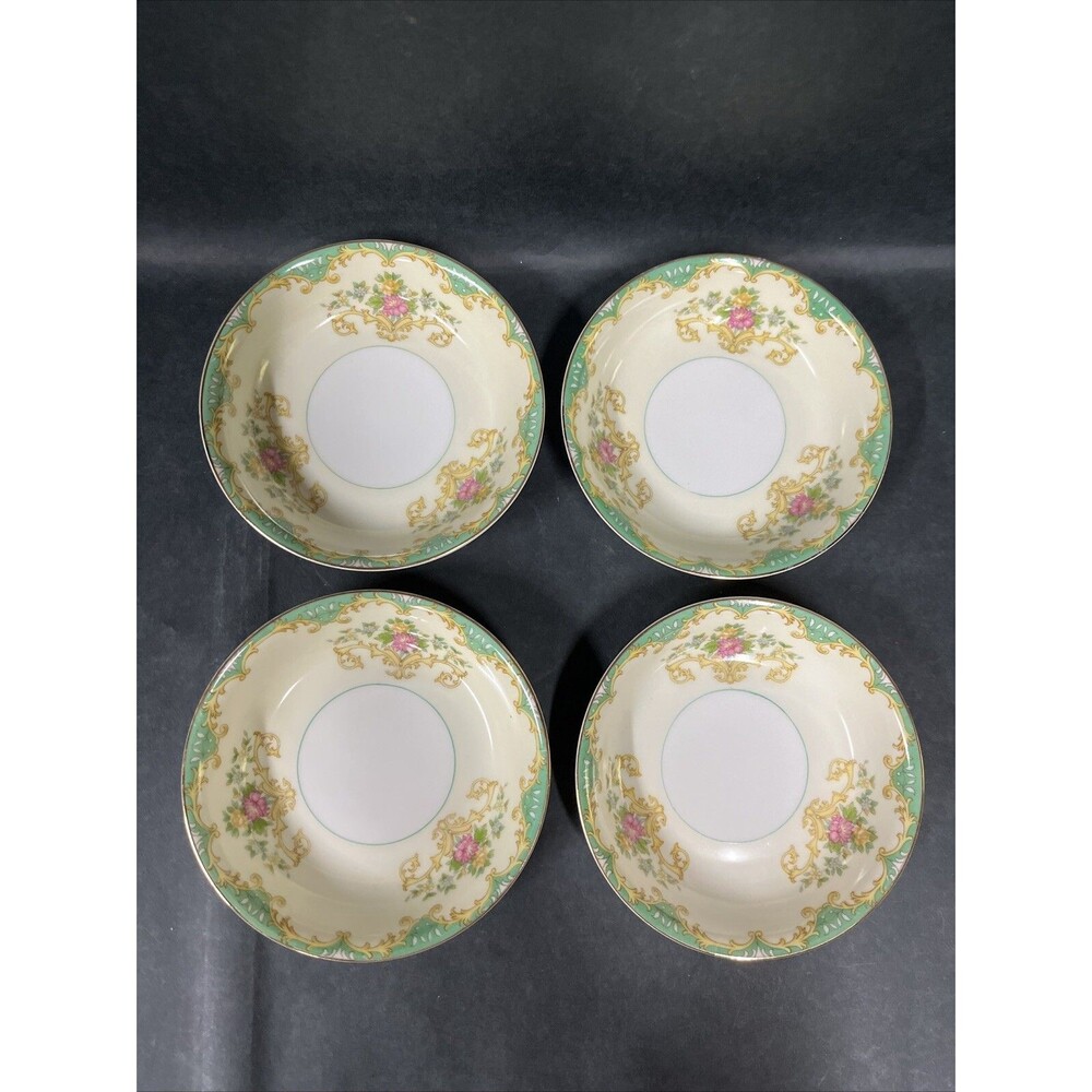 1930s Noritake Tiffany M Fruit Dessert Bowl 5.25” Gold Trim Ivory Aqua Beige 4pc